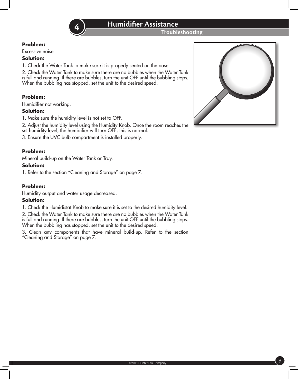 Humidifier assistance, Troubleshooting | Hunter Fan ULTRASONIC 31206 User Manual | Page 9 / 11