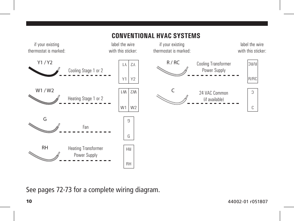 Conventional hvac systems, See pages 72-73 for a complete wiring diagram | Hunter Fan 144860 User Manual | Page 11 / 76