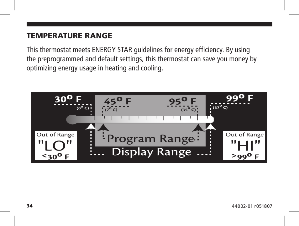 Display range, Program range, 30o f | 99o f, 45o f, 95o f | Hunter Fan 144860 User Manual | Page 35 / 76