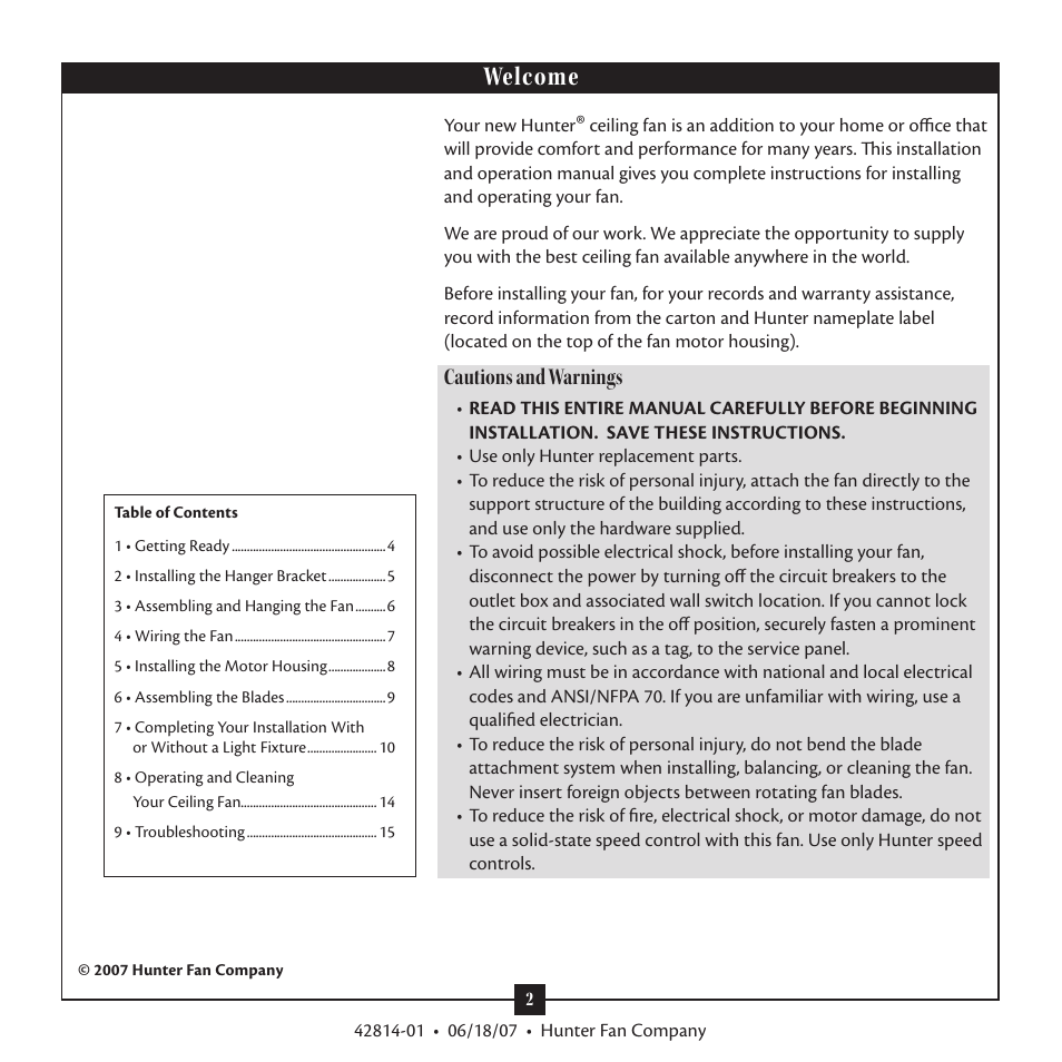 Welcome, Cautions and warnings | Hunter 28419 52 St. Michaels User Manual | Page 2 / 15