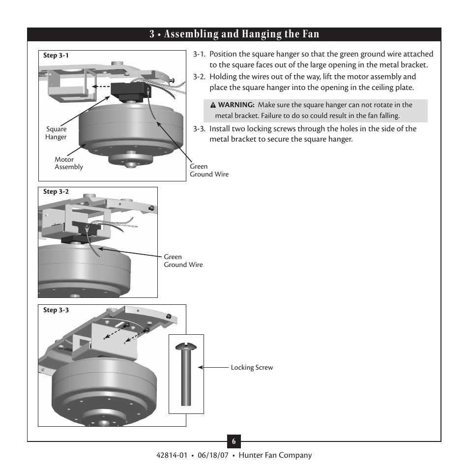 3 • assembling and hanging the fan | Hunter 28419 52 St. Michaels User Manual | Page 6 / 15