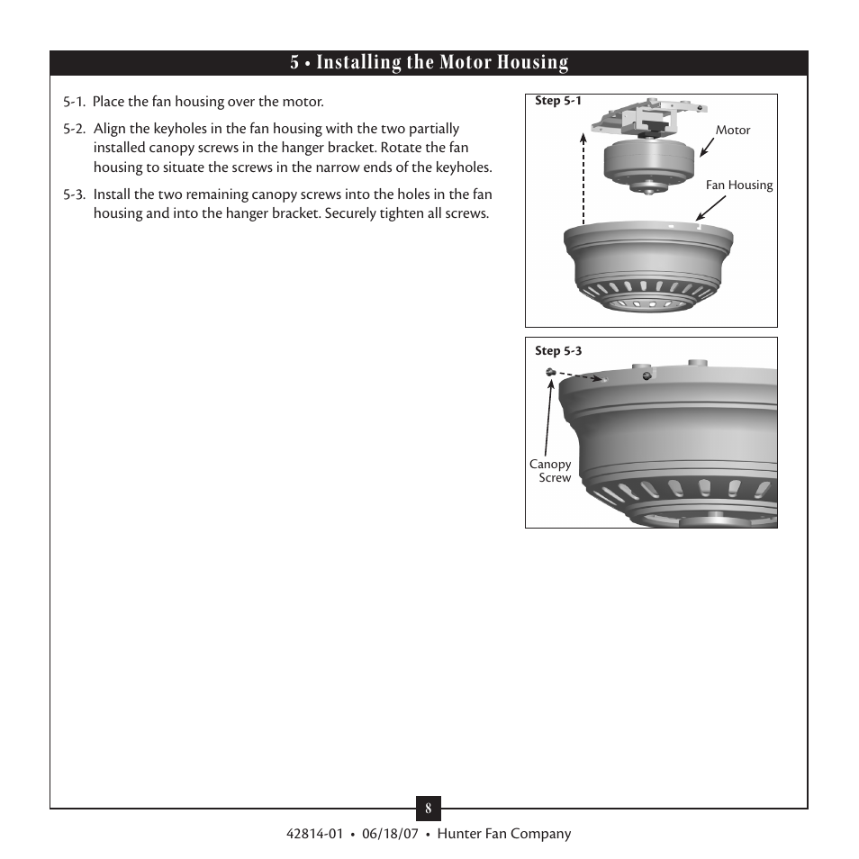 5 • installing the motor housing | Hunter 28419 52 St. Michaels User Manual | Page 8 / 15