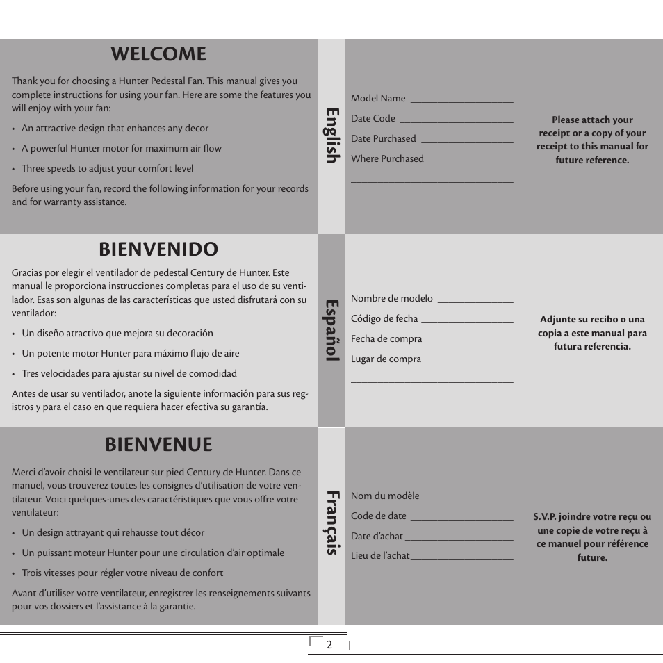 Welcome bienvenido bienvenue, En gli sh esp año l fr anç ais | Hunter Fan 20081008 User Manual | Page 2 / 24