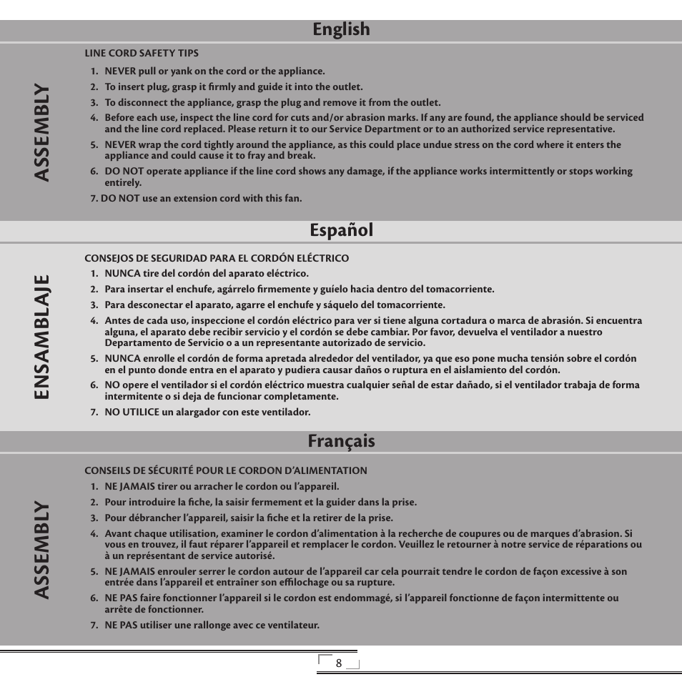 Asse m bl y en sa m bl aj e a sse m bl y, English, Français español | Hunter Fan 20081008 User Manual | Page 8 / 24