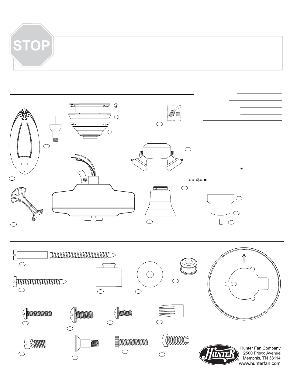 Parts guide, Guía de piezas, Materiales | Piezas del ventilador | Hunter Fan 28078 User Manual | Page 3 / 4