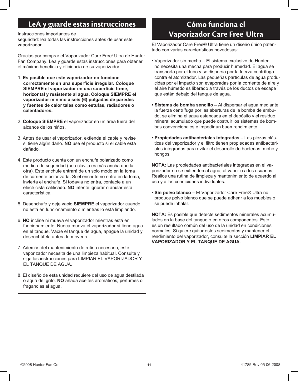 Cómo funciona el vaporizador care free, Ultra lea y guarde estas instrucciones | Hunter Fan 34203 User Manual | Page 11 / 19
