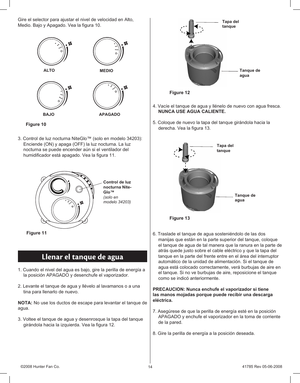 Llenar el tanque de agua | Hunter Fan 34203 User Manual | Page 14 / 19