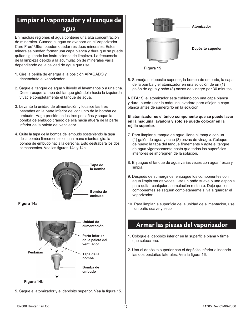 Limpiar el vaporizador y el tanque de agua, Armar las piezas del vaporizador | Hunter Fan 34203 User Manual | Page 15 / 19