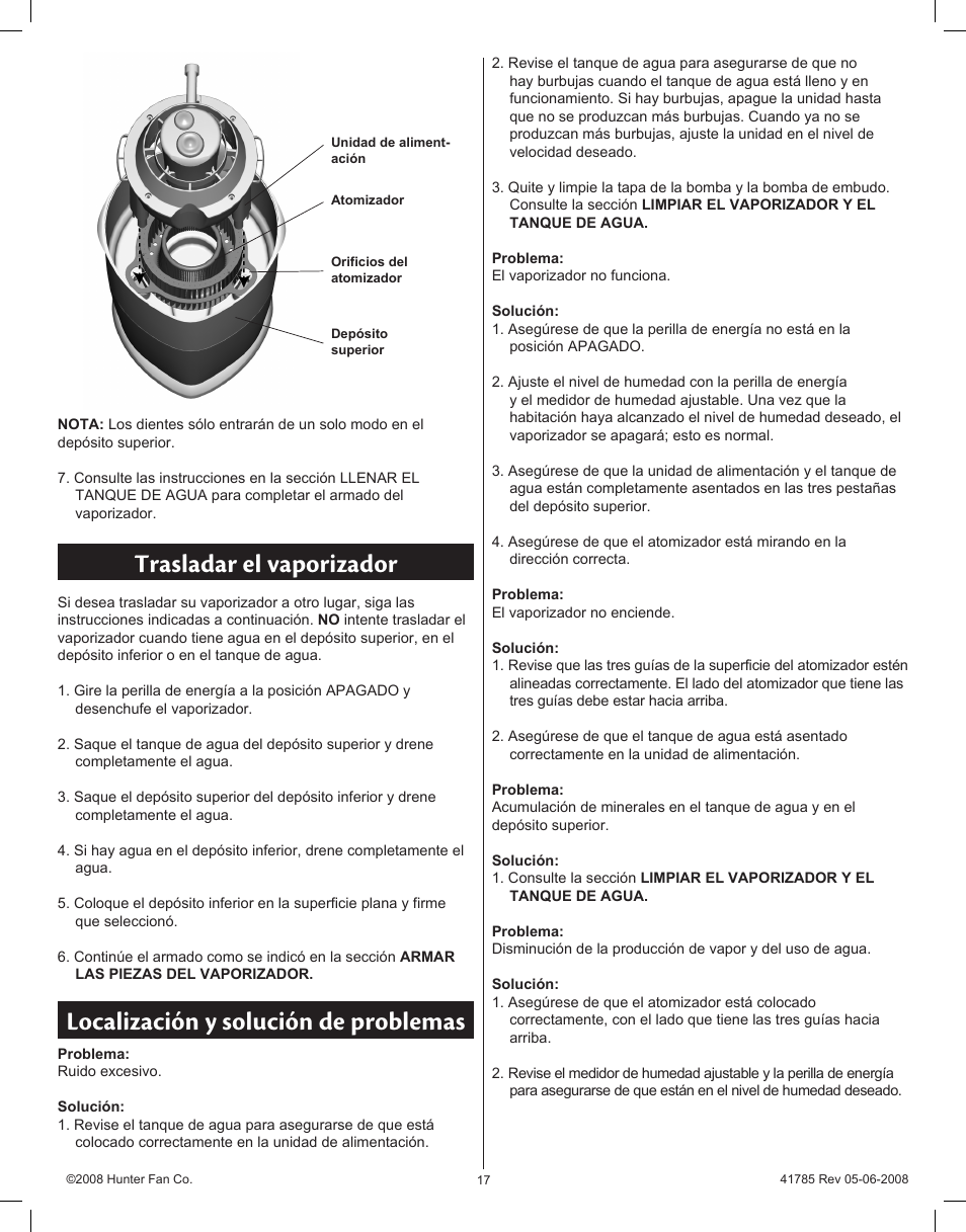 Trasladar el vaporizador, Localización y solución de problemas | Hunter Fan 34203 User Manual | Page 17 / 19
