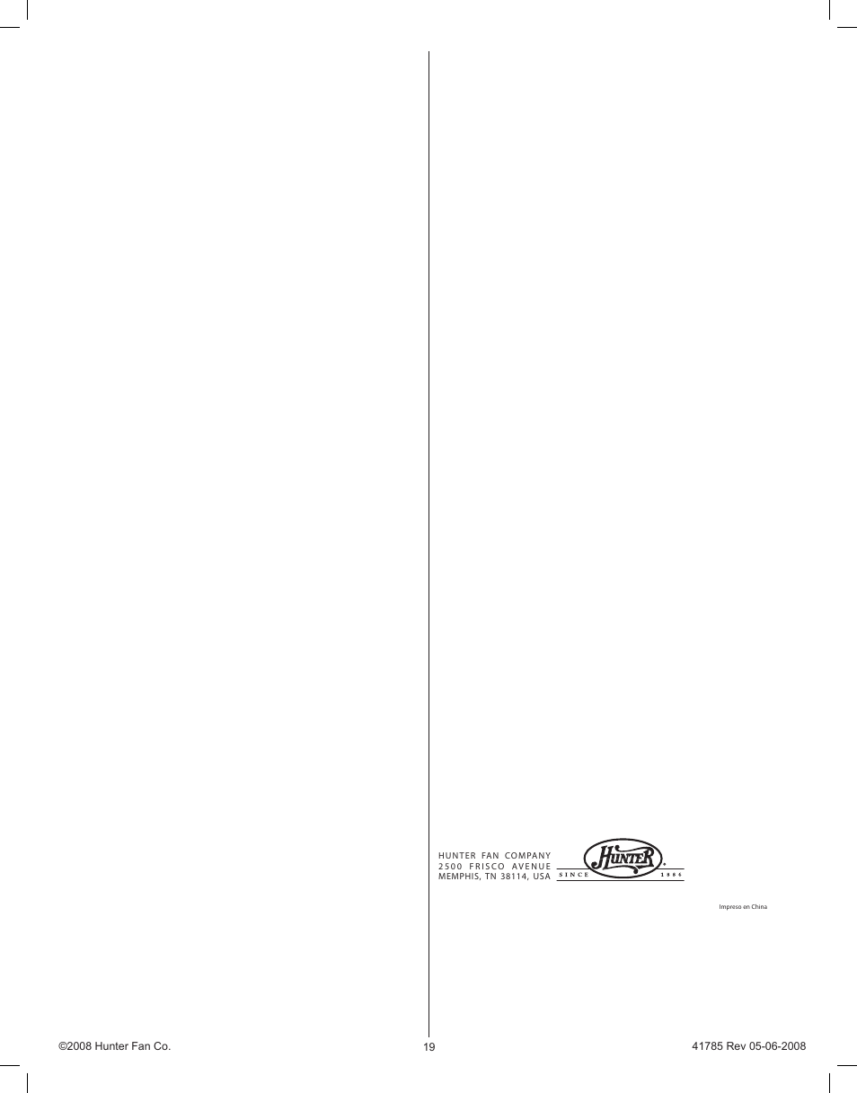 Hunter Fan 34203 User Manual | Page 19 / 19