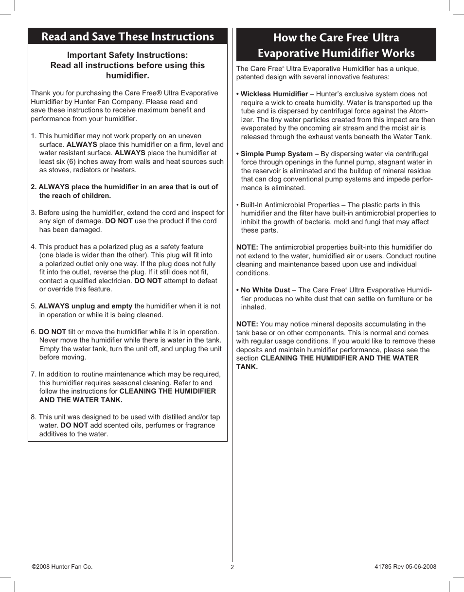Read and save these instructions, How the care free, Ultra evaporative humidifier works | Hunter Fan 34203 User Manual | Page 2 / 19
