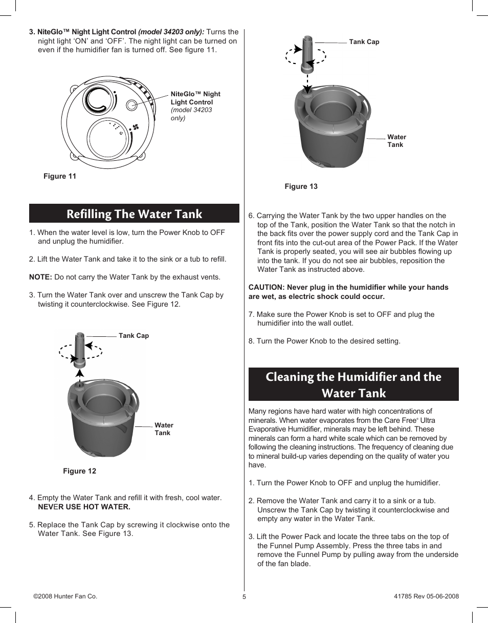 Refilling the water tank, Cleaning the humidifier and the water tank | Hunter Fan 34203 User Manual | Page 5 / 19