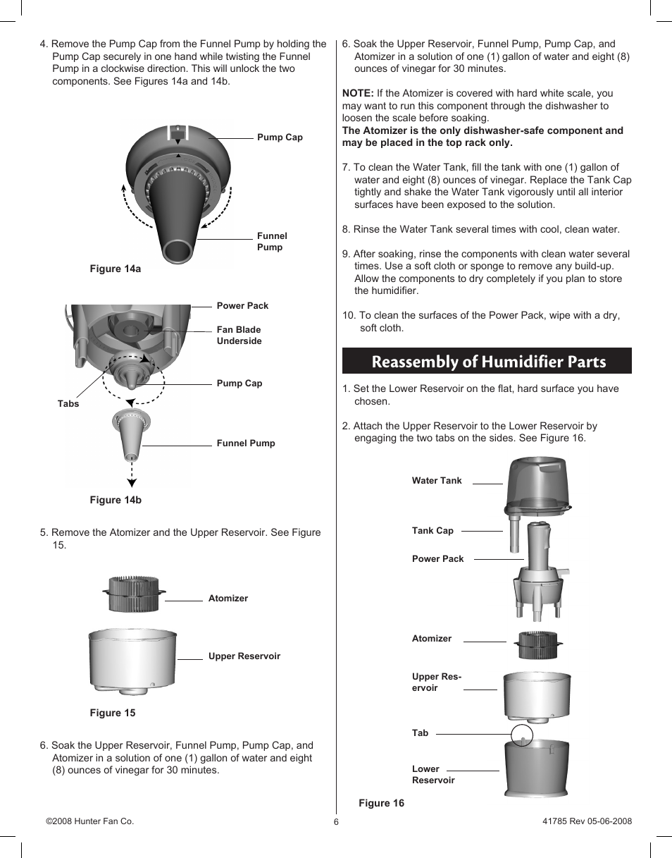 Reassembly of humidifier parts | Hunter Fan 34203 User Manual | Page 6 / 19