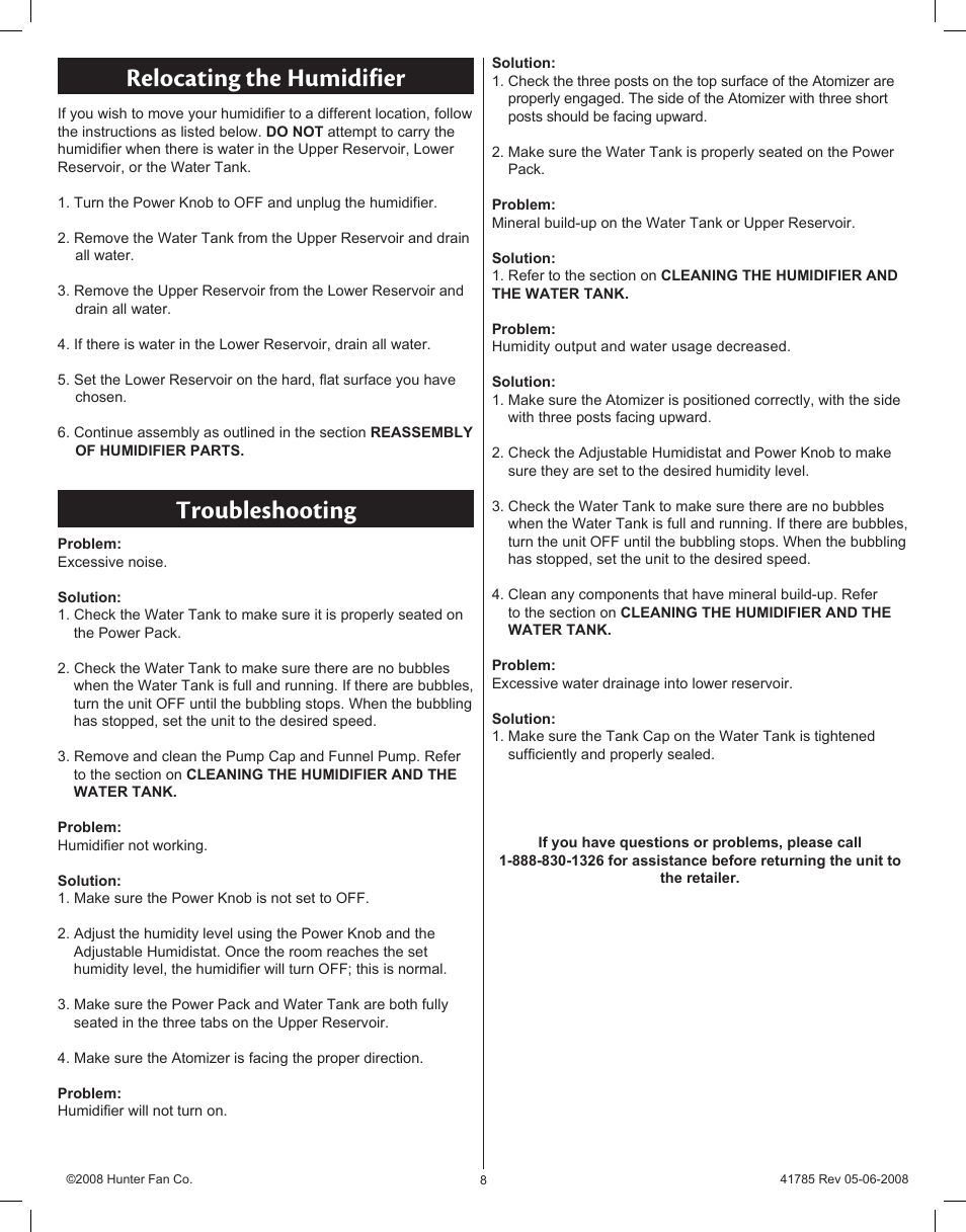 Relocating the humidifier troubleshooting | Hunter Fan 34203 User Manual | Page 8 / 19