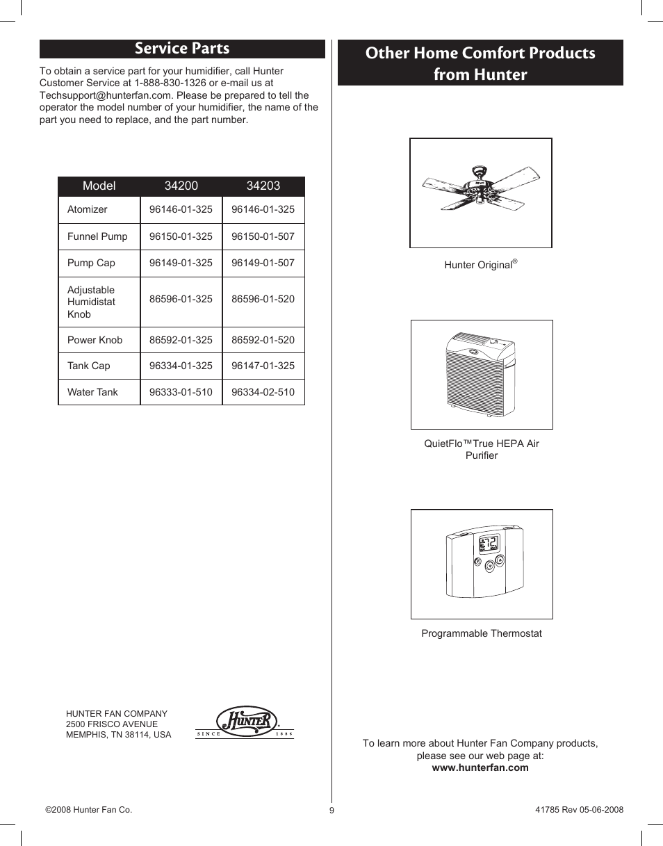 Other home comfort products from hunter, Service parts | Hunter Fan 34203 User Manual | Page 9 / 19