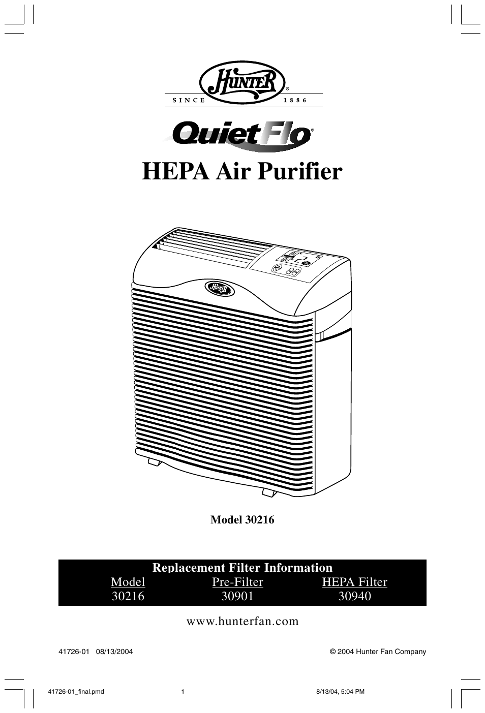 Hunter Fan 30216 User Manual | 15 pages
