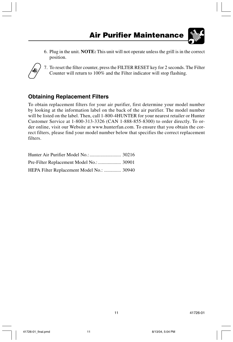 Air purifier maintenance, Obtaining replacement filters | Hunter Fan 30216 User Manual | Page 11 / 15