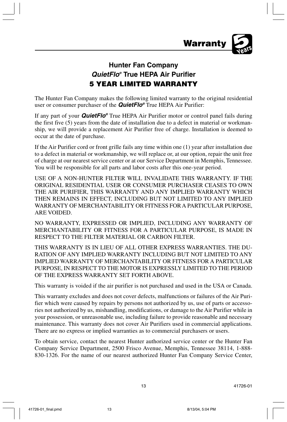 Warranty, Quietflo, Hunter fan company | True hepa air purifier 5 year limited warranty | Hunter Fan 30216 User Manual | Page 13 / 15