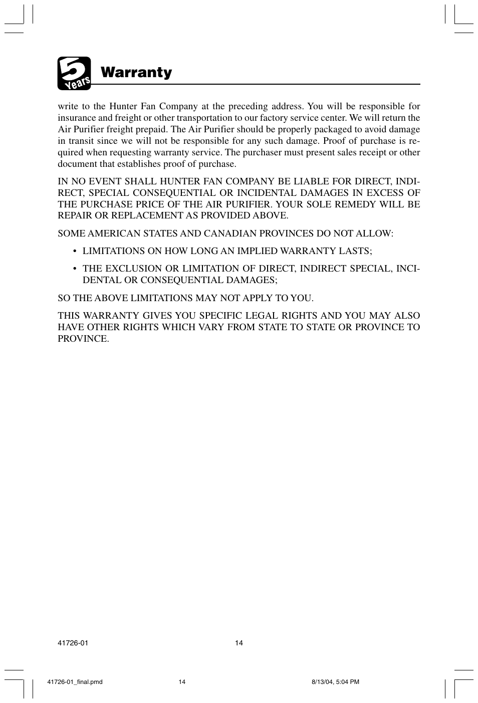 Warranty | Hunter Fan 30216 User Manual | Page 14 / 15