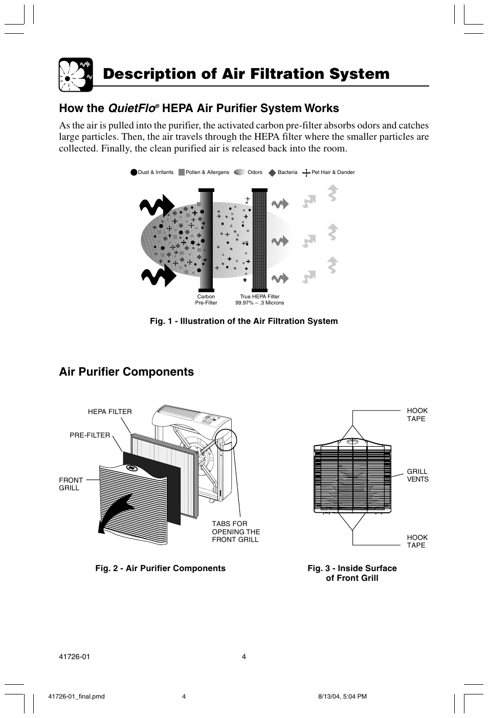 Description of air filtration system, Quietflo, How the | Hepa air purifier system works, Air purifier components | Hunter Fan 30216 User Manual | Page 4 / 15