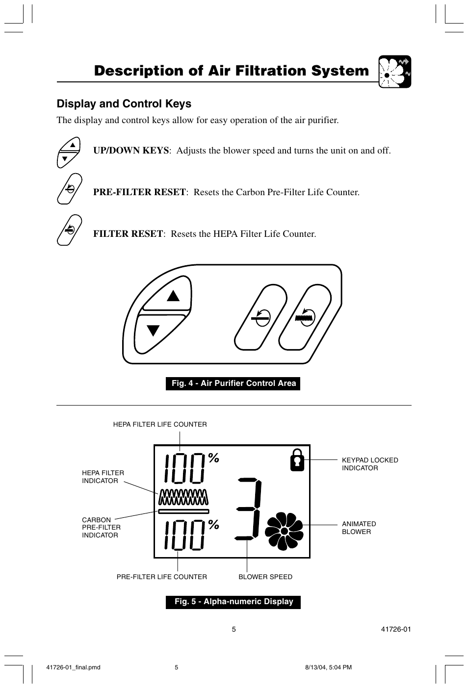 Description of air filtration system, Display and control keys | Hunter Fan 30216 User Manual | Page 5 / 15