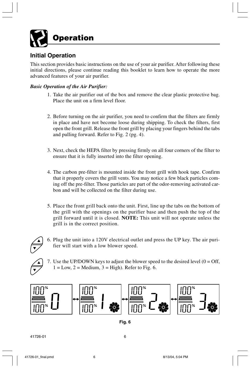 Operation, Initial operation | Hunter Fan 30216 User Manual | Page 6 / 15
