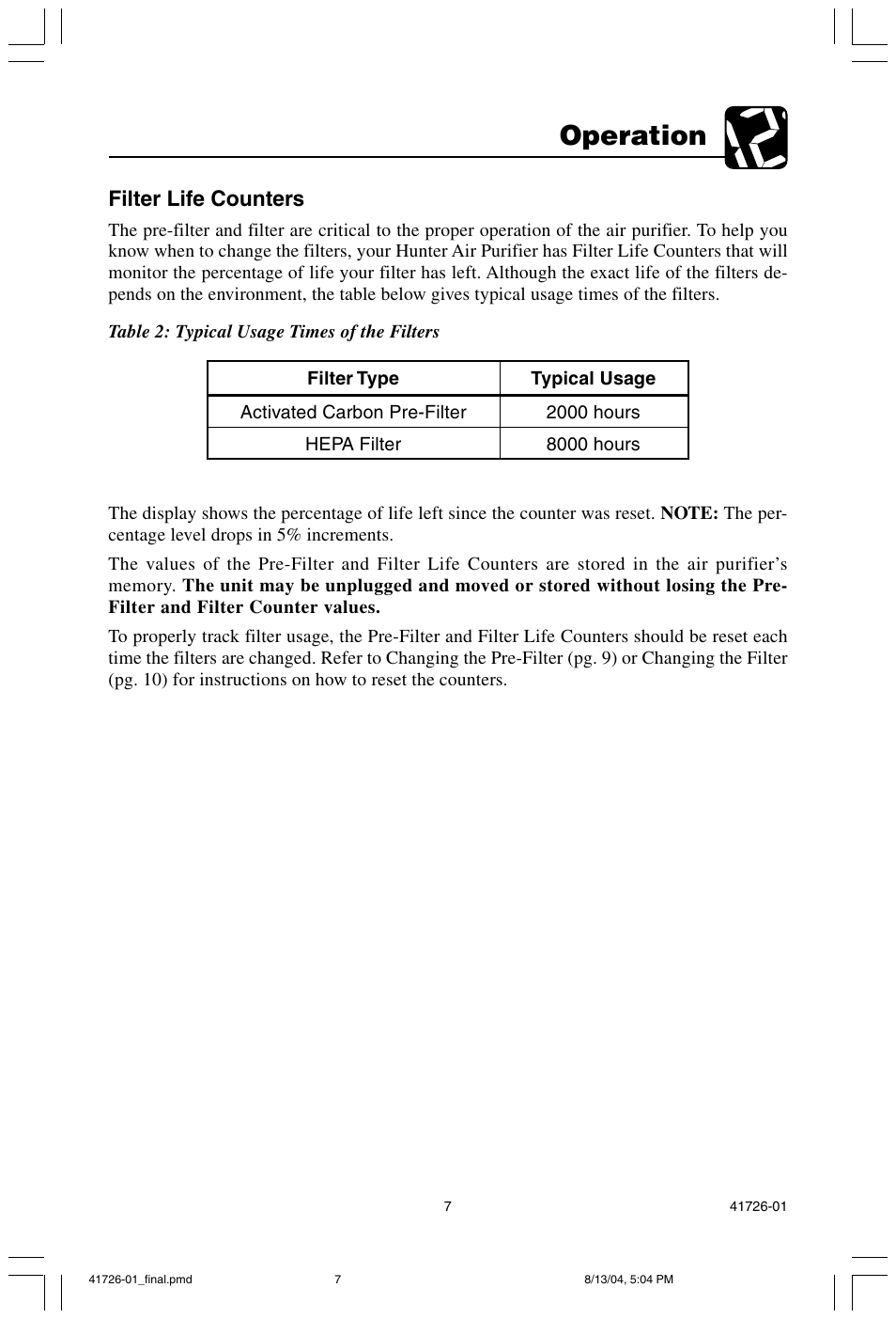 Operation, Filter life counters | Hunter Fan 30216 User Manual | Page 7 / 15