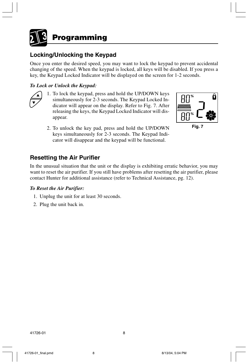 Programming, Locking/unlocking the keypad, Resetting the air purifier | Hunter Fan 30216 User Manual | Page 8 / 15
