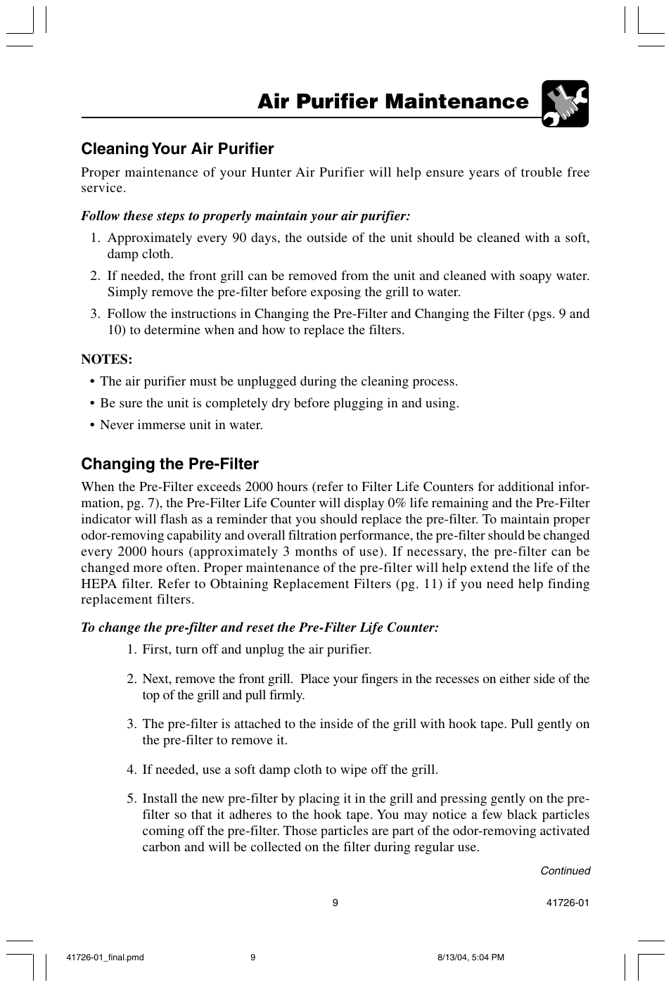 Air purifier maintenance, Cleaning your air purifier, Changing the pre-filter | Hunter Fan 30216 User Manual | Page 9 / 15