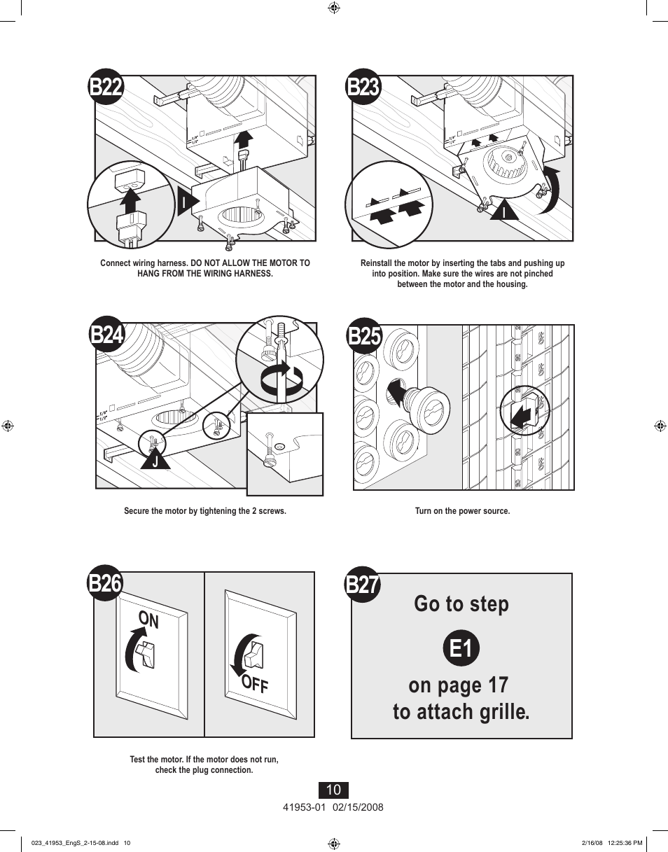 B27 e1, B26 b24, Go to step on page 17 to attach grille | On off | Hunter Fan 41953-01 User Manual | Page 10 / 40