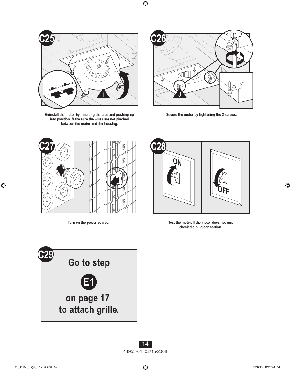 C29 e1, Go to step on page 17 to attach grille, On off | Hunter Fan 41953-01 User Manual | Page 14 / 40