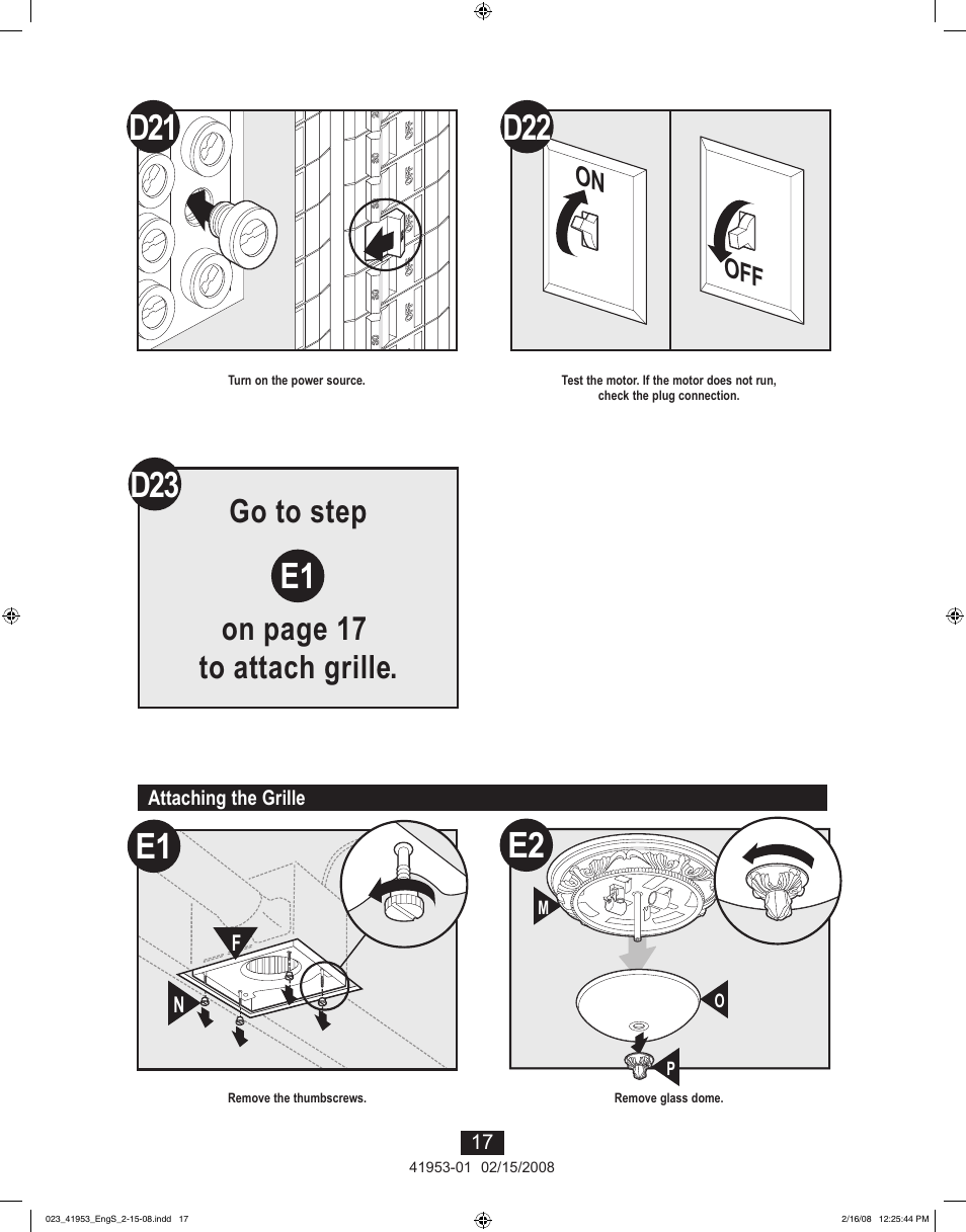 Go to step on page 17 to attach grille | Hunter Fan 41953-01 User Manual | Page 17 / 40