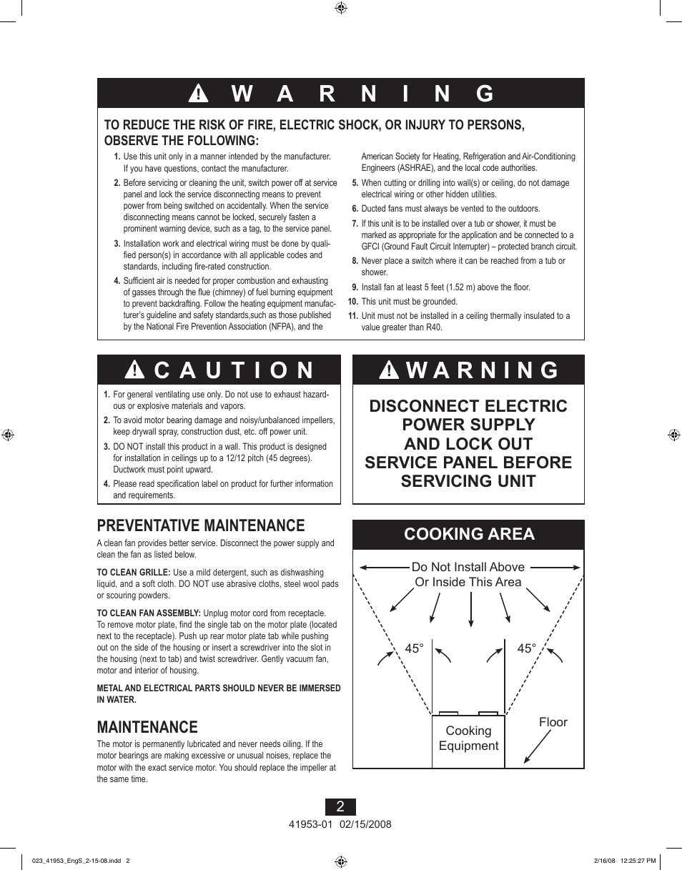 Preventative maintenance, Maintenance, Cooking area | Hunter Fan 41953-01 User Manual | Page 2 / 40