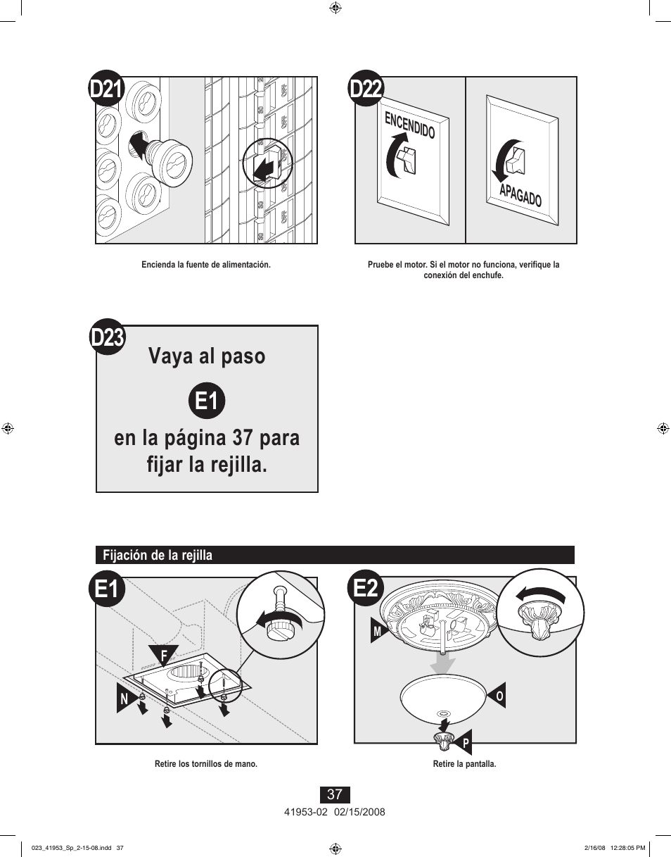 D21 e2, Vaya al paso en la página 37 para fijar la rejilla | Hunter Fan 41953-01 User Manual | Page 37 / 40