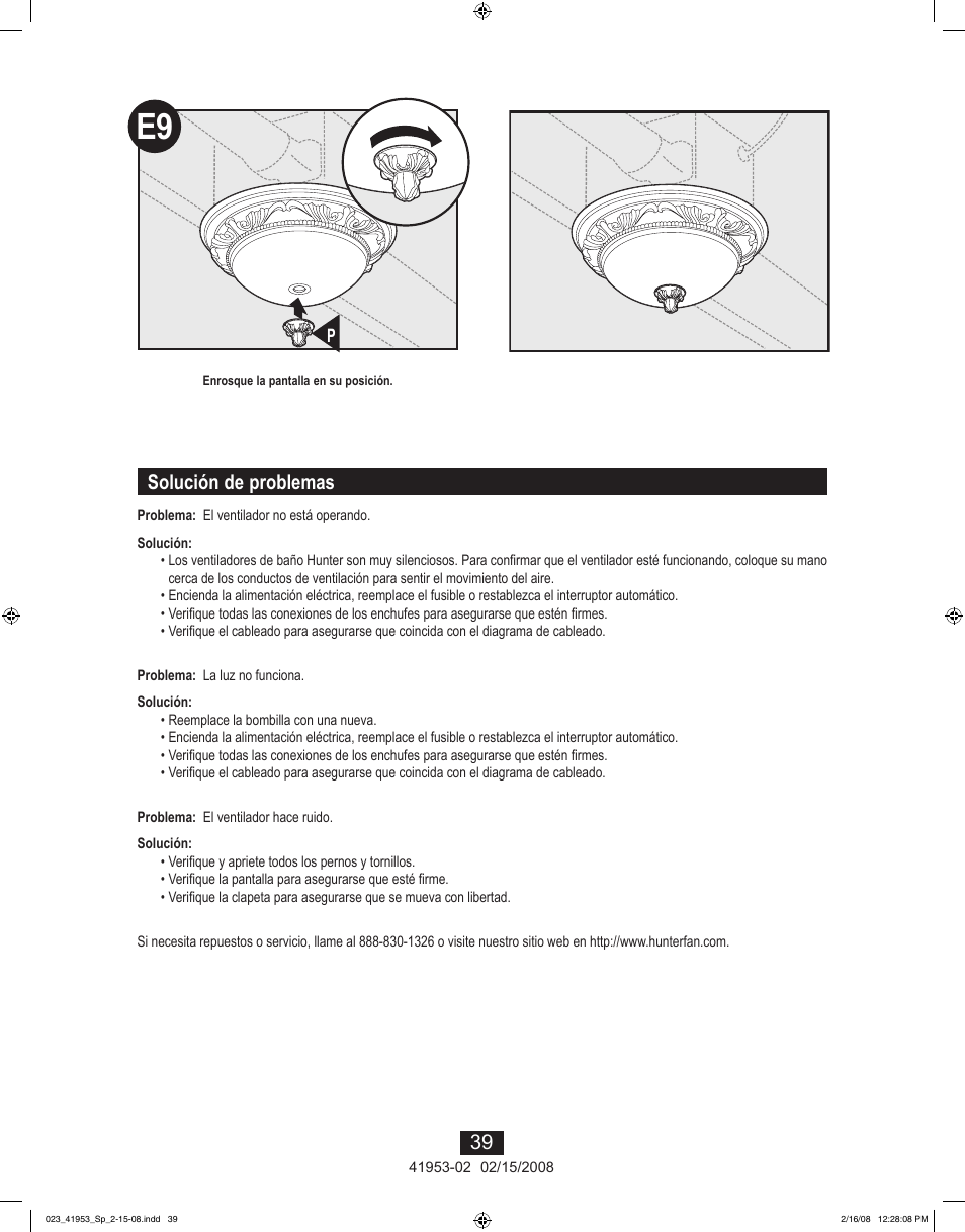 Solución de problemas | Hunter Fan 41953-01 User Manual | Page 39 / 40