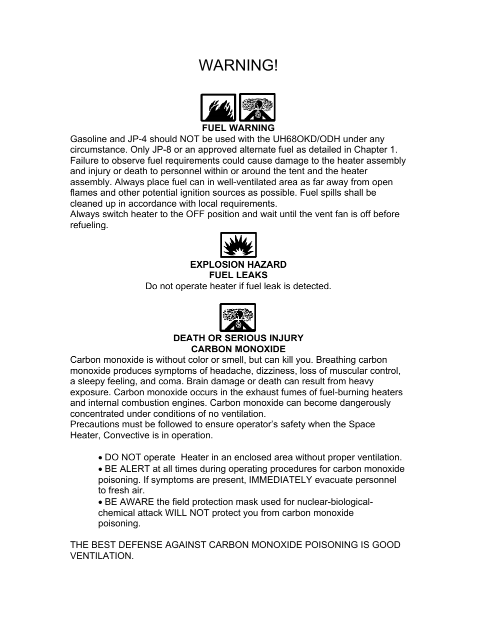 Explosion hazard, Fuel leaks, Warning | Hunter Fan UH68ODK User Manual | Page 3 / 29