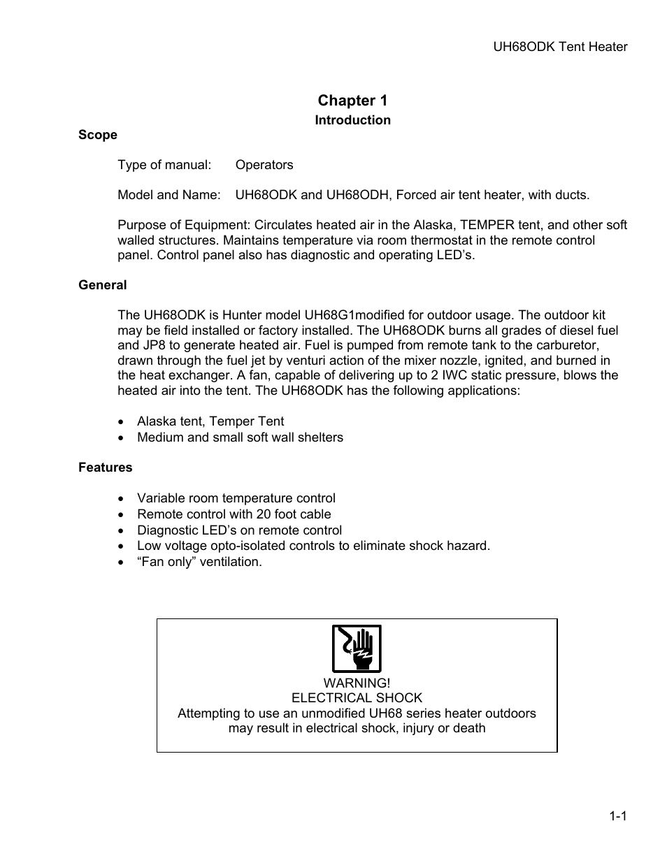 Chapter 1, Introduction, Scope | General, Features | Hunter Fan UH68ODK User Manual | Page 5 / 29