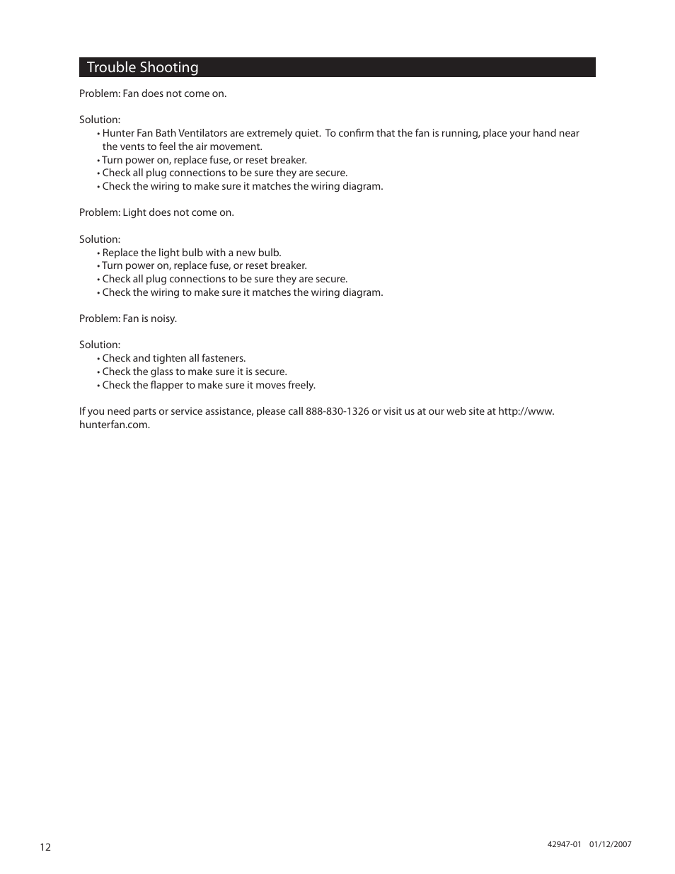 Trouble shooting | Hunter Fan 82020 User Manual | Page 12 / 42