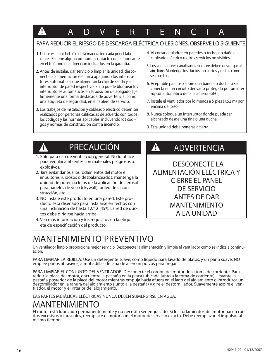 Mantenimiento preventivo, Mantenimiento, Precaución advertencia | Hunter Fan 82020 User Manual | Page 16 / 42