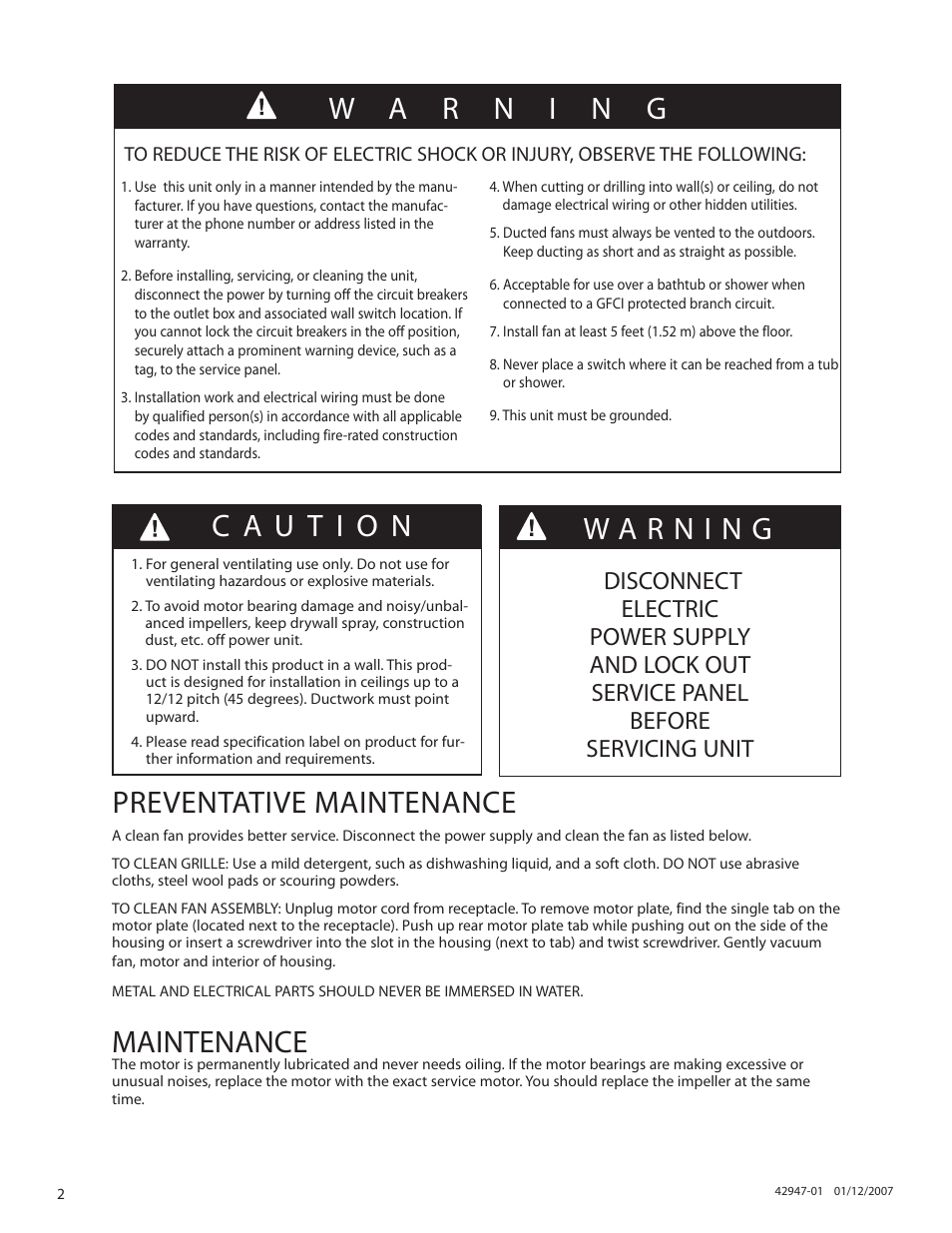 Preventative maintenance, Maintenance | Hunter Fan 82020 User Manual | Page 2 / 42