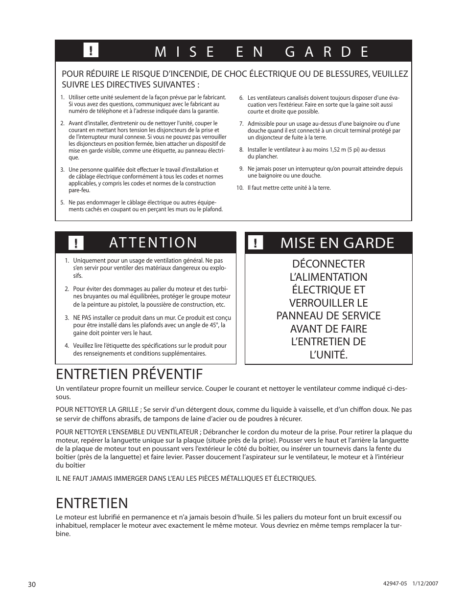 Entretien préventif, Entretien, At tention mise en garde | Hunter Fan 82020 User Manual | Page 30 / 42