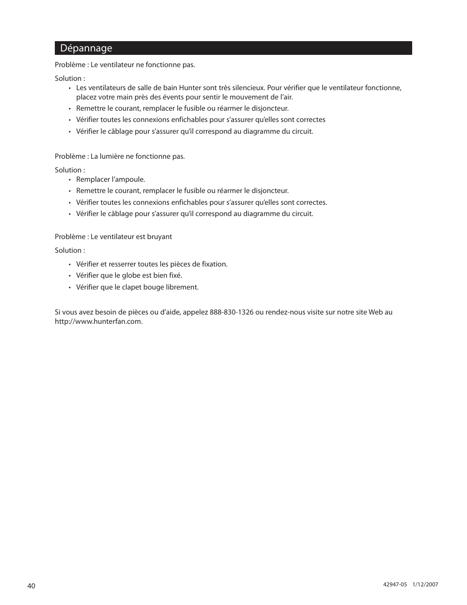 Dépannage | Hunter Fan 82020 User Manual | Page 40 / 42