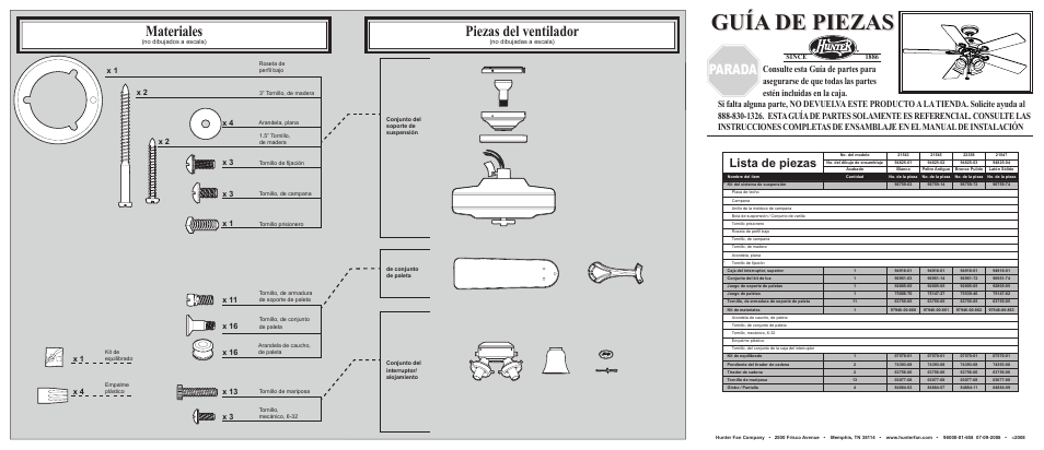 Guía de piezas, Materiales, Piezas del ventilador | Parada, Lista de piezas, Since 1886 | Hunter Fan 21547 User Manual | Page 2 / 2