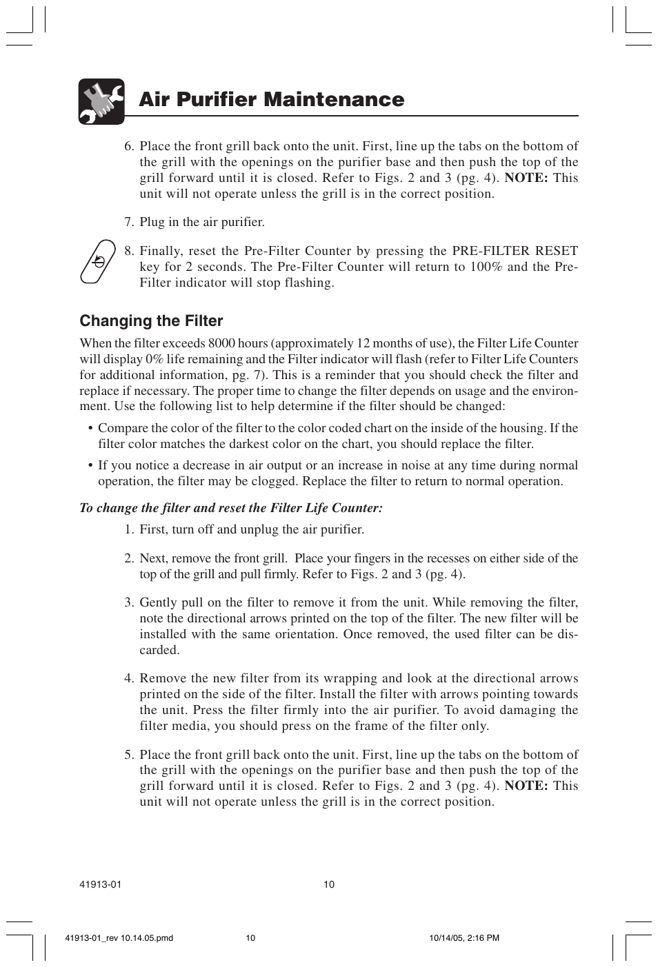 Air purifier maintenance, Changing the filter | Hunter Fan 30402 User Manual | Page 10 / 15