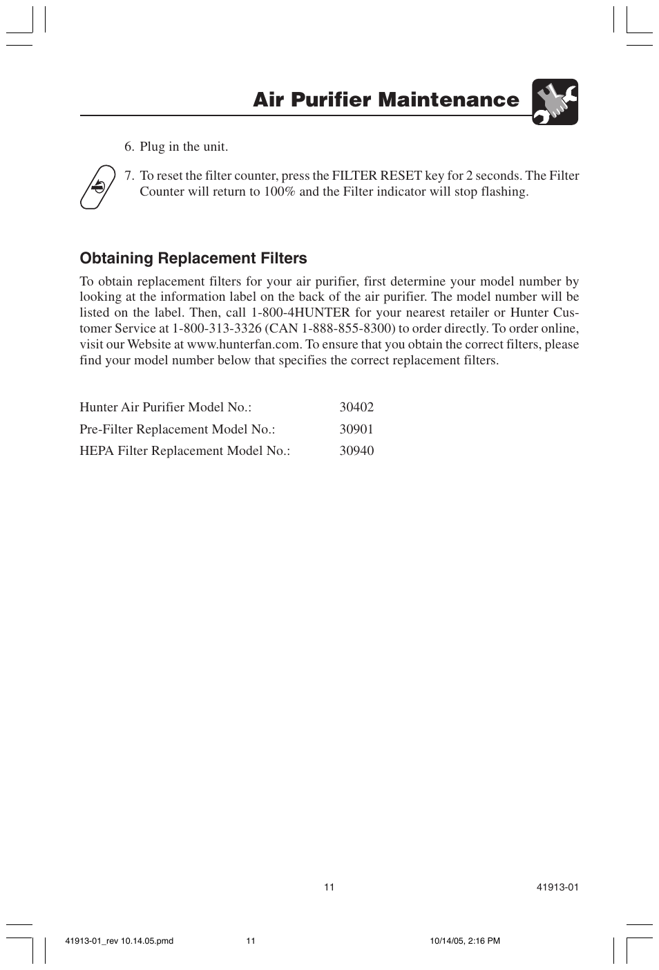 Air purifier maintenance, Obtaining replacement filters | Hunter Fan 30402 User Manual | Page 11 / 15