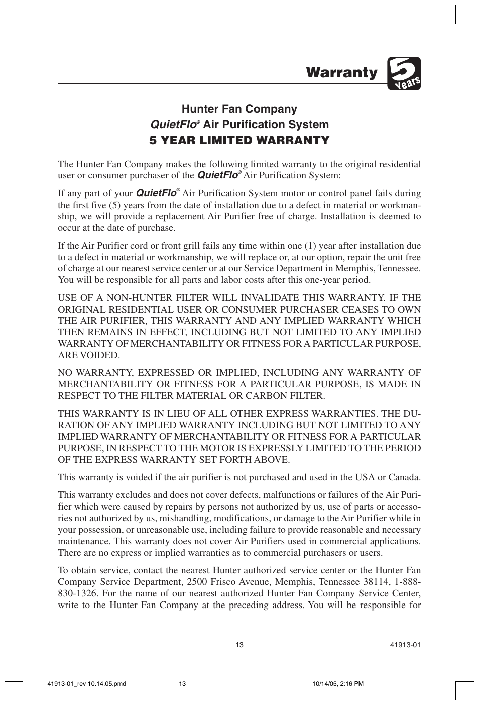 Warranty, Quietflo, Hunter fan company | Air purification system 5 year limited warranty | Hunter Fan 30402 User Manual | Page 13 / 15
