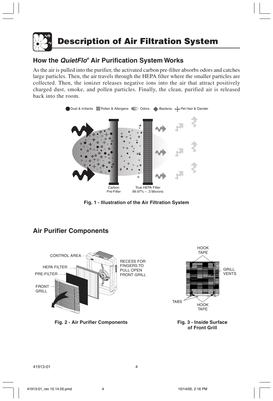 Description of air filtration system, Quietflo, Air purifier components | How the, Air purification system works | Hunter Fan 30402 User Manual | Page 4 / 15