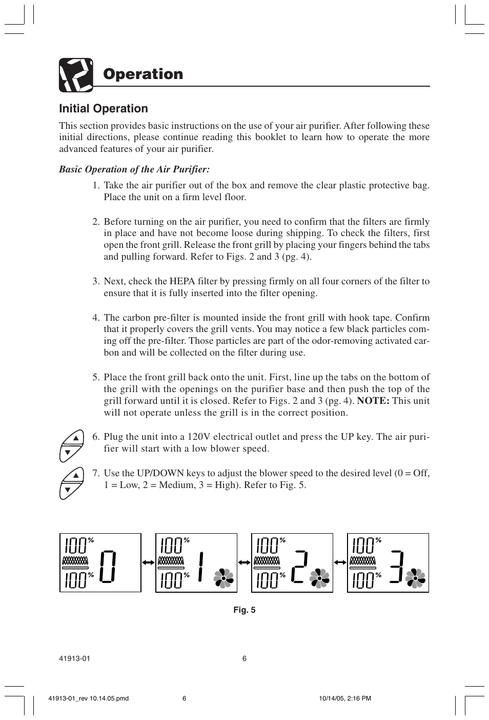 Operation, Initial operation | Hunter Fan 30402 User Manual | Page 6 / 15