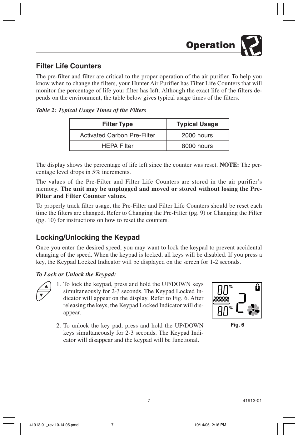 Operation, Filter life counters, Locking/unlocking the keypad | Hunter Fan 30402 User Manual | Page 7 / 15