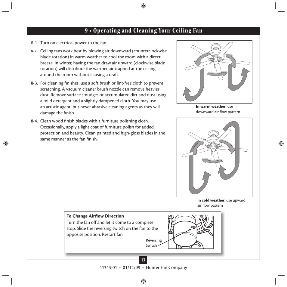 9 • operating and cleaning your ceiling fan | Hunter 22451 52 Brookline User Manual | Page 13 / 14